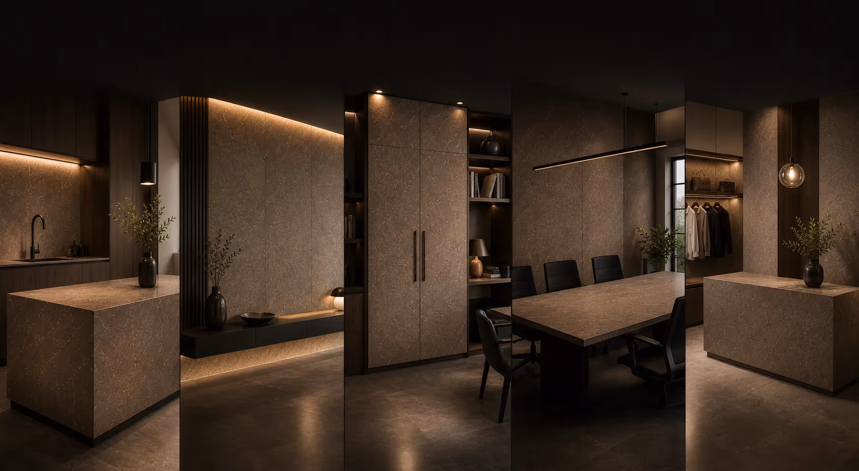 Premium interior combining kitchen, joinery, dining, and retail-ready surface applications