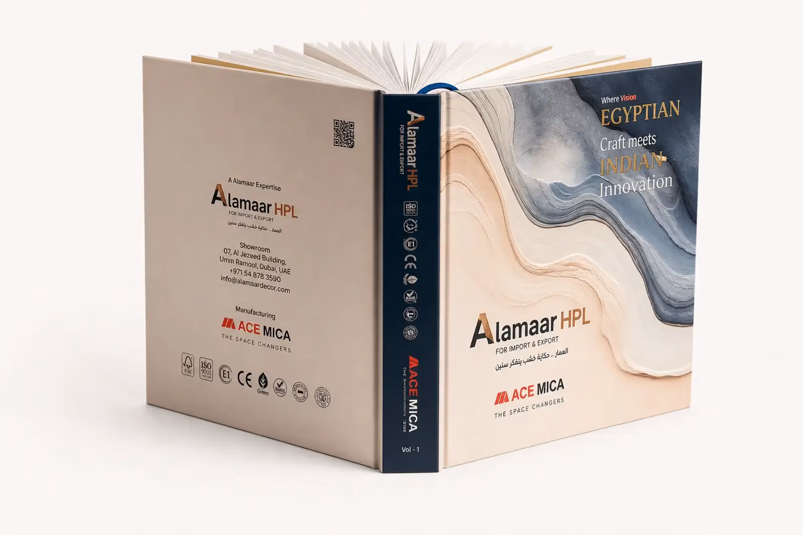 كتالوج Alamaar HPL وACE MICA مفتوح ويعرض الغلاف الرئيسي