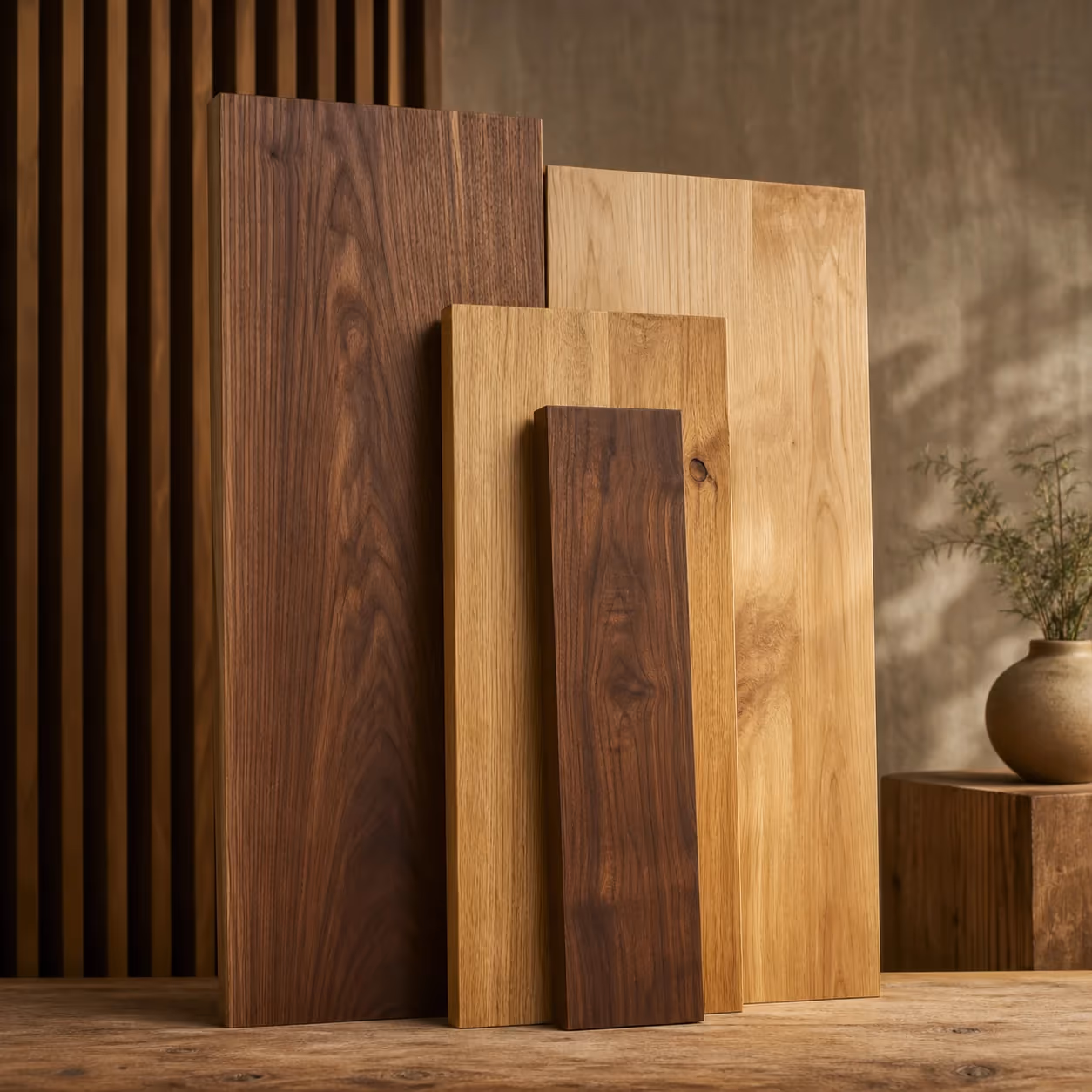 Natural wood boards in varied warm tones against an architectural timber wall