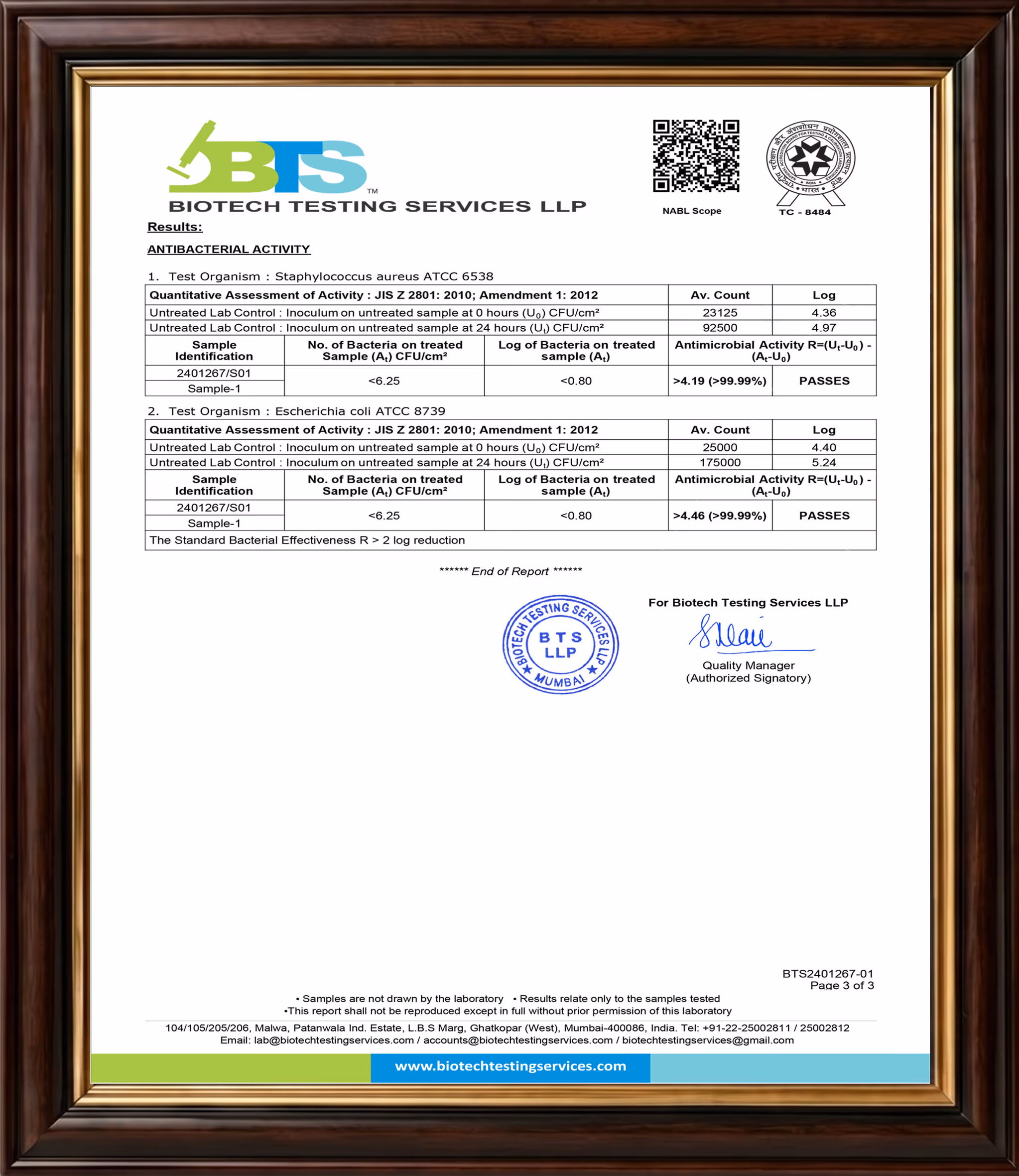 Antibacterial Test Report certificate