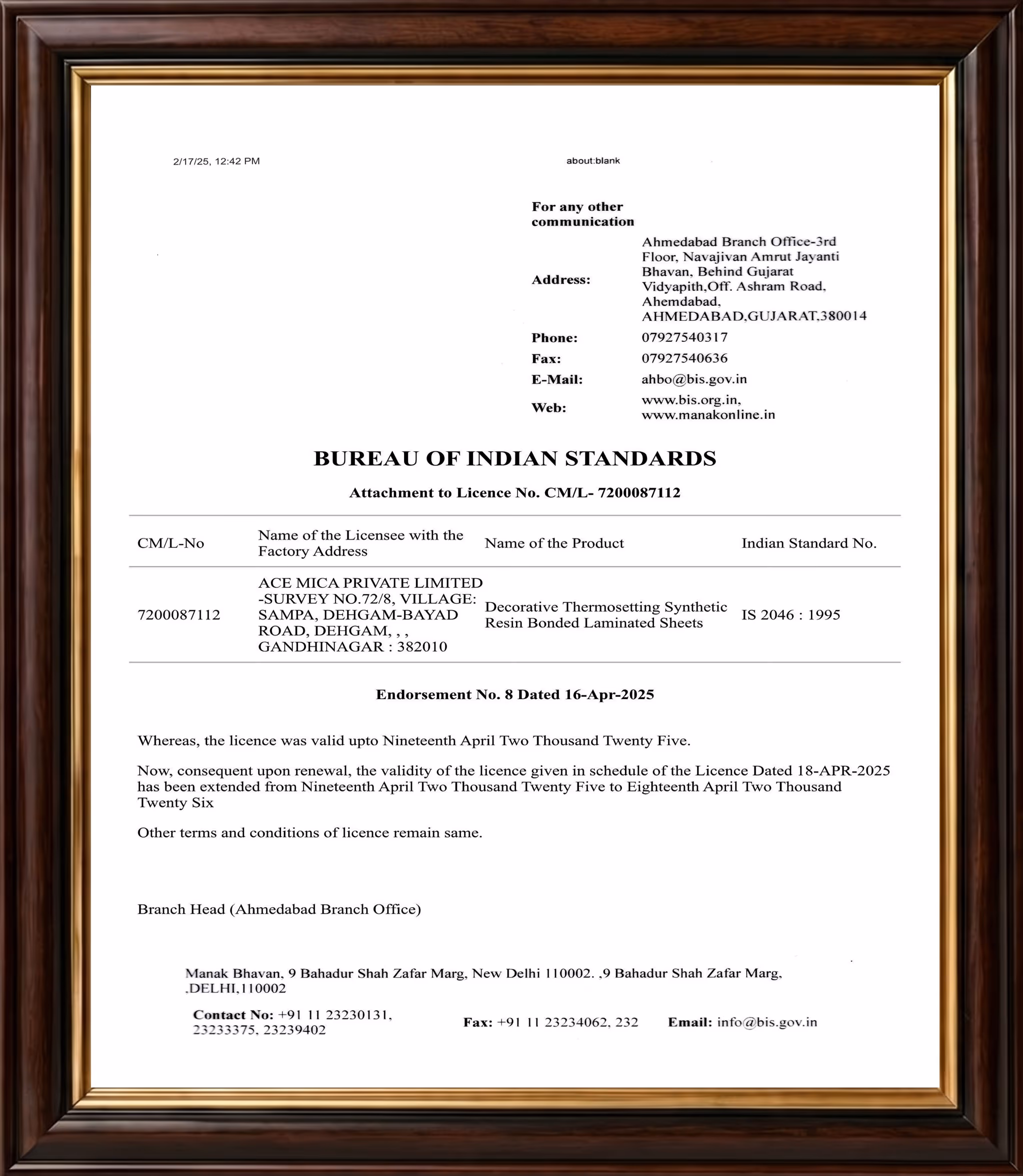 Bureau of Indian Standards certificate