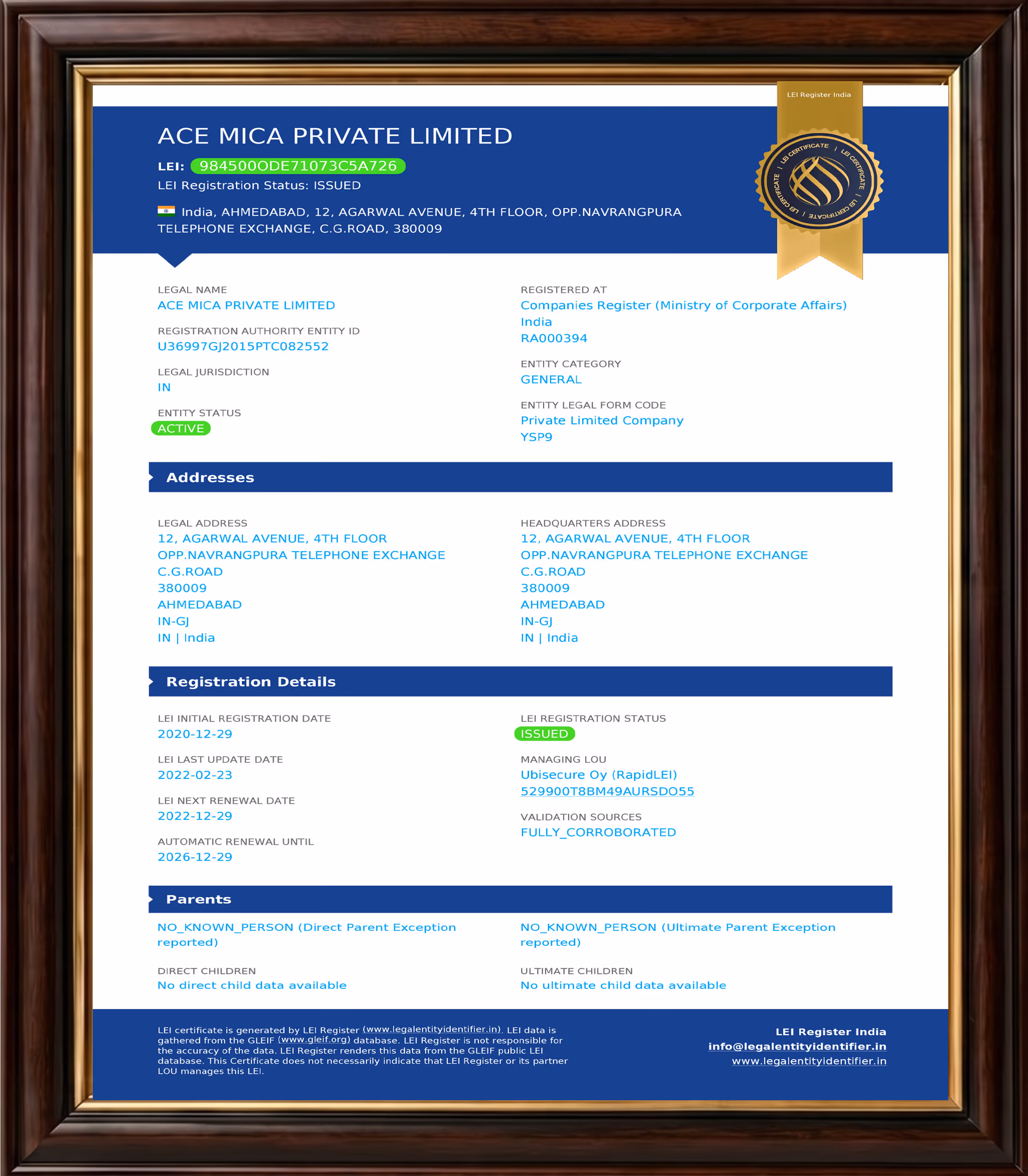 LEI Certificate certificate