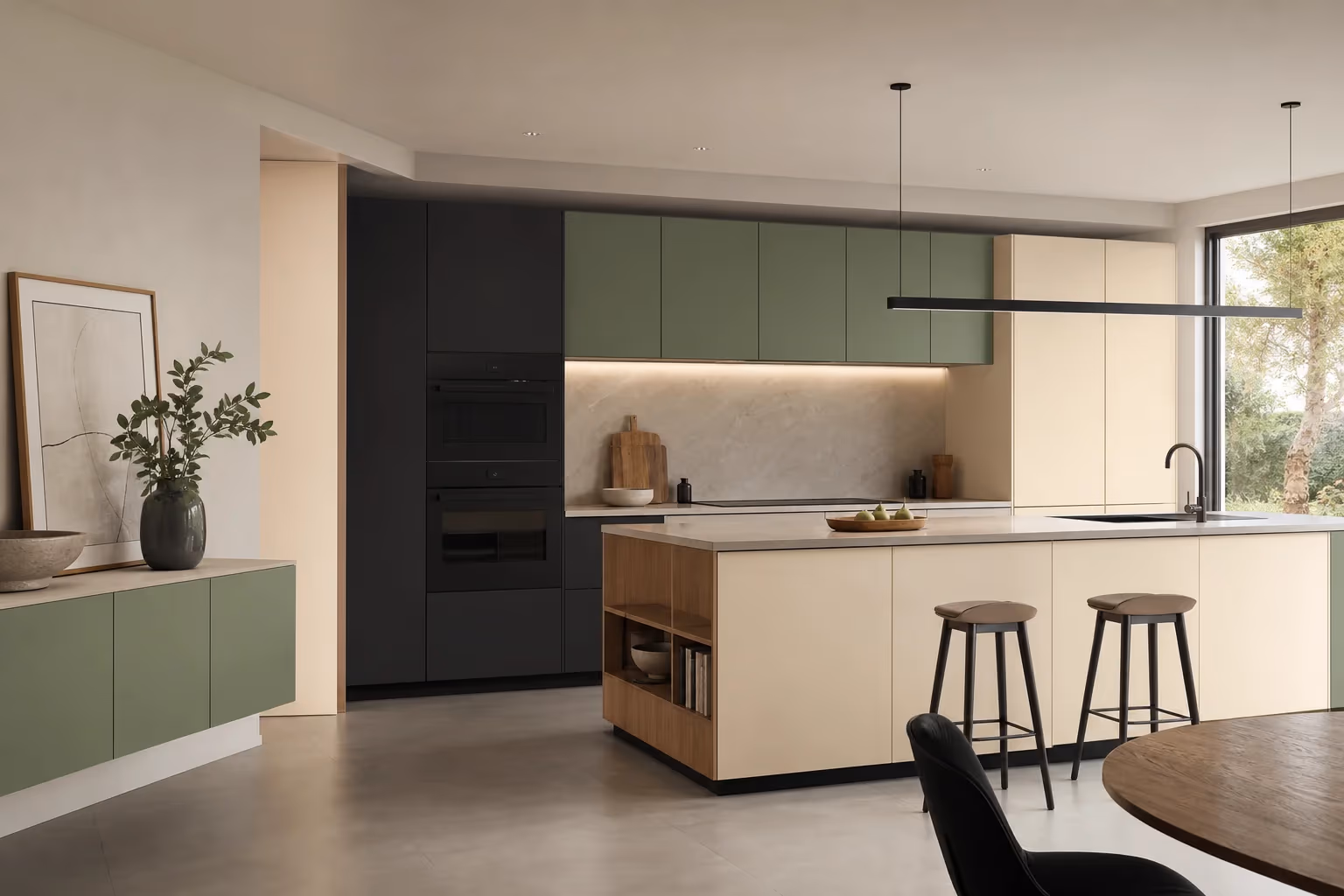 Solid color HPL cabinet fronts in a modern kitchen.