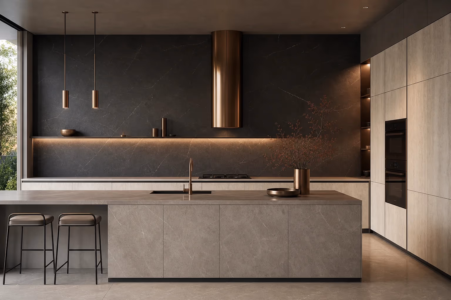Stone-effect decorative panels in a contemporary interior.