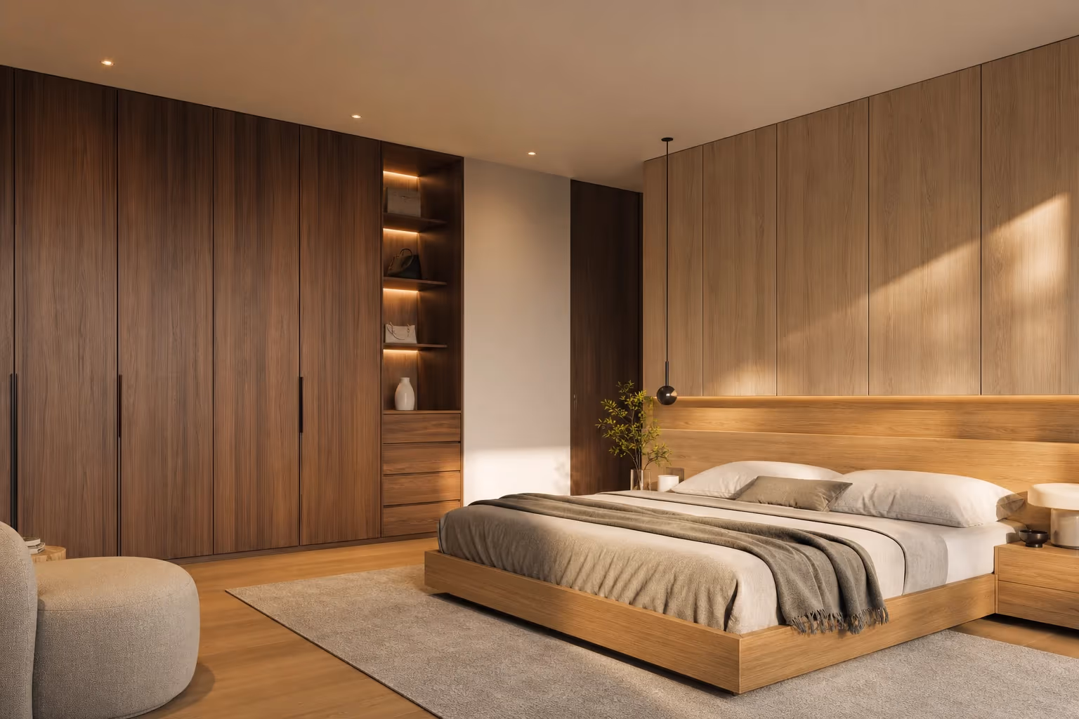 Warm wood HPL finishes in a refined bedroom interior.
