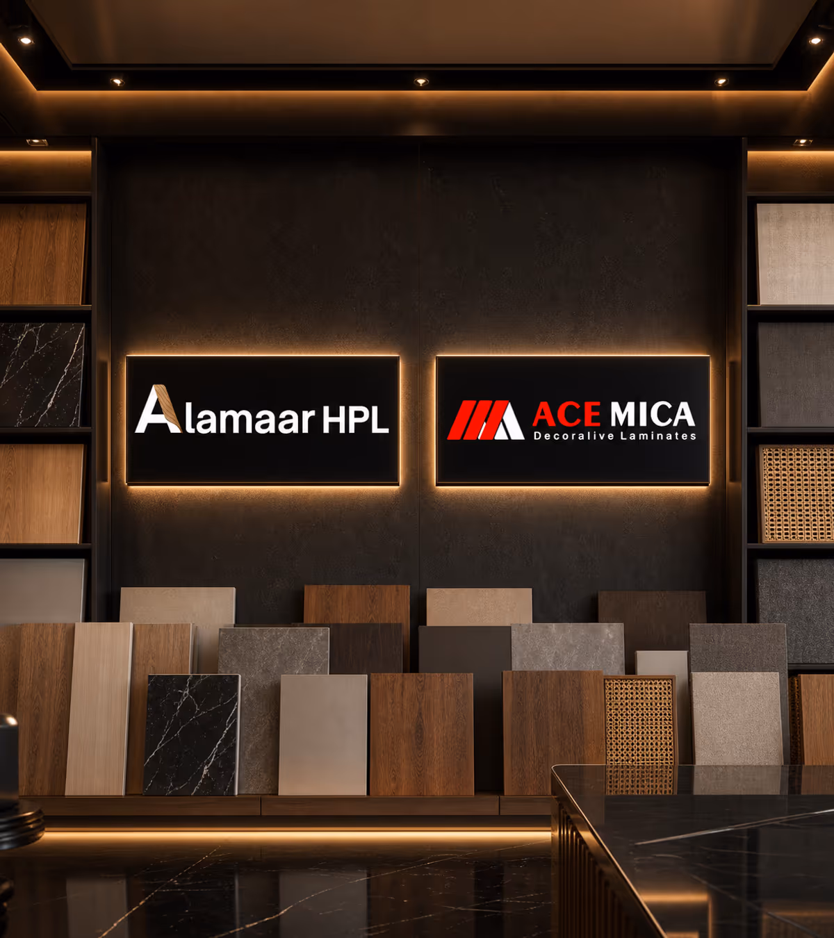 Al Amaar HPL and ACE MICA brand displays surrounded by decorative surface samples.
