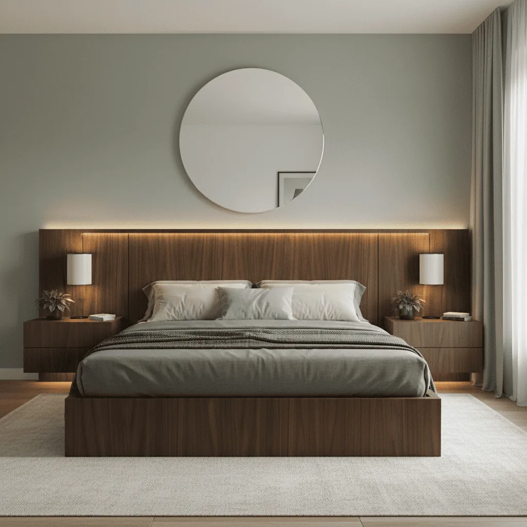 Modern bedroom with a wooden bed frame, grey bedding, and a large circular mirror on the wall.