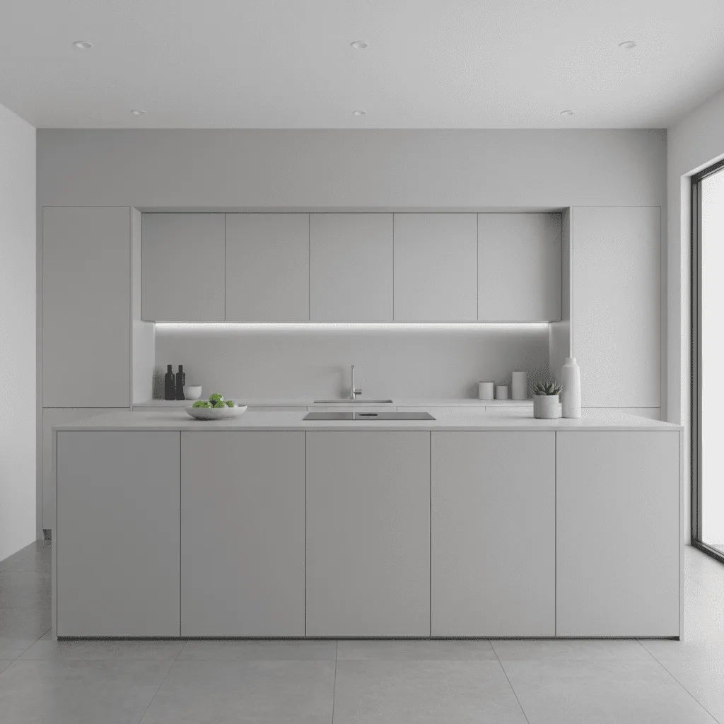 Modern minimalist kitchen in light gray with a large center island and handleless cabinets.