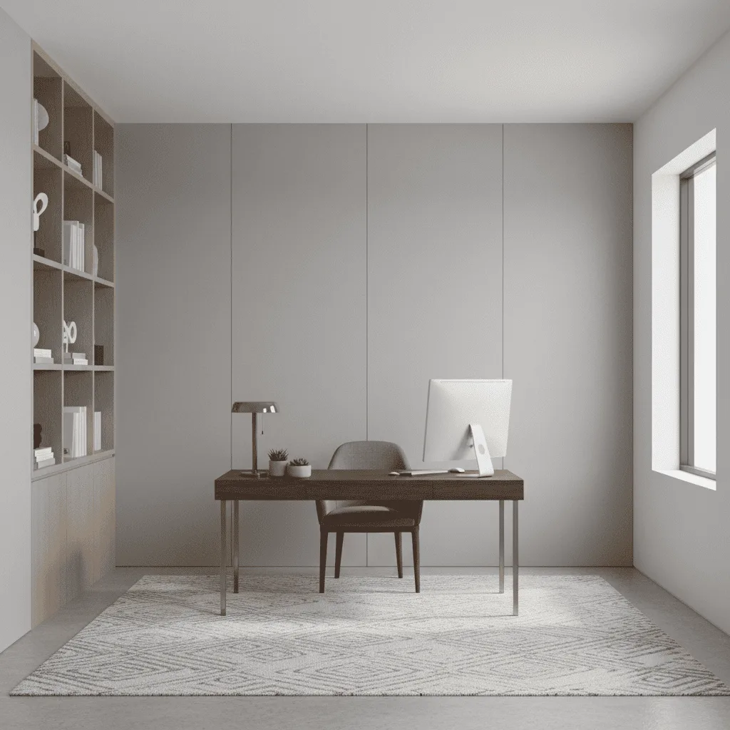 Minimalist home office with a dark desk, computer monitor, and chair on a patterned rug.