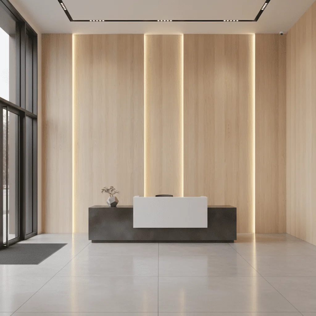 Modern office reception area with a two-tone desk and wood-paneled wall with vertical LED lighting.