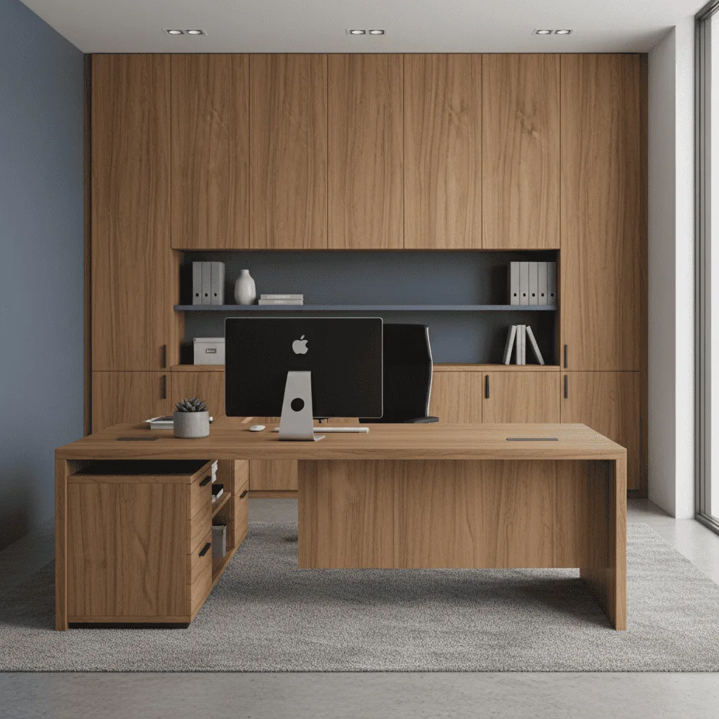 Modern wooden desk with an iMac, a small plant, and built-in wooden wall cabinets behind it.