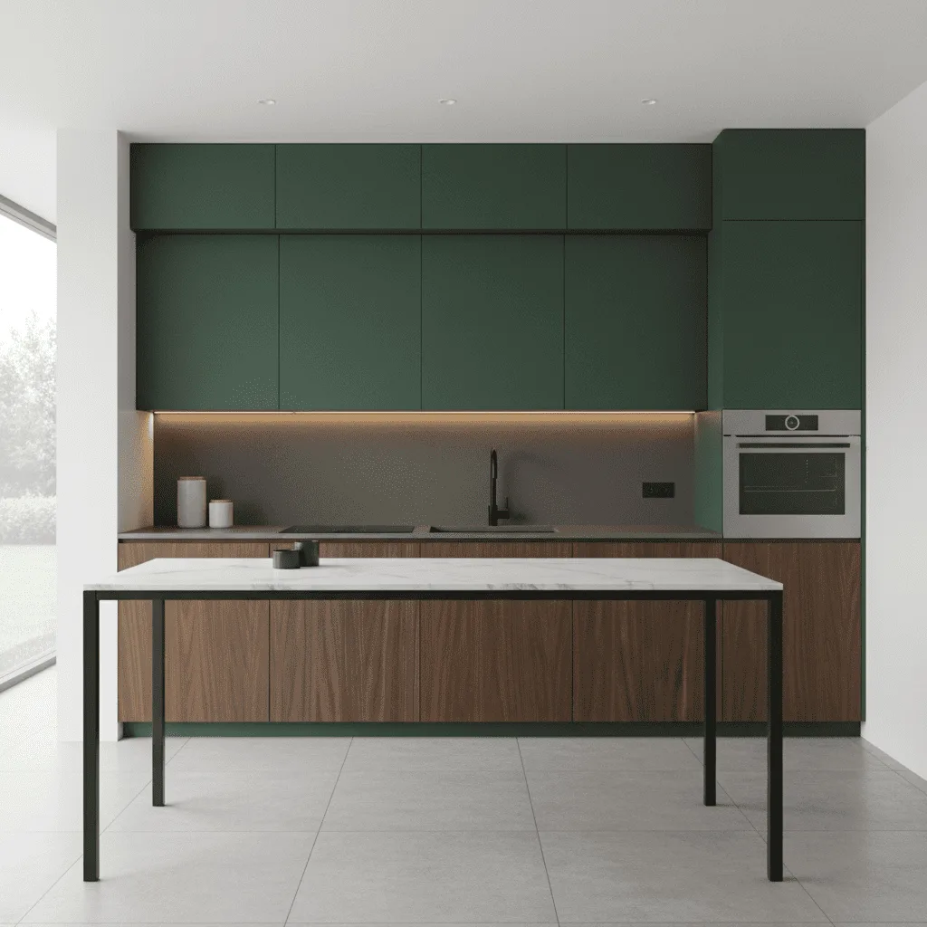 Modern kitchen with forest green upper cabinets, wood grain lower cabinets, and a white marble island.
