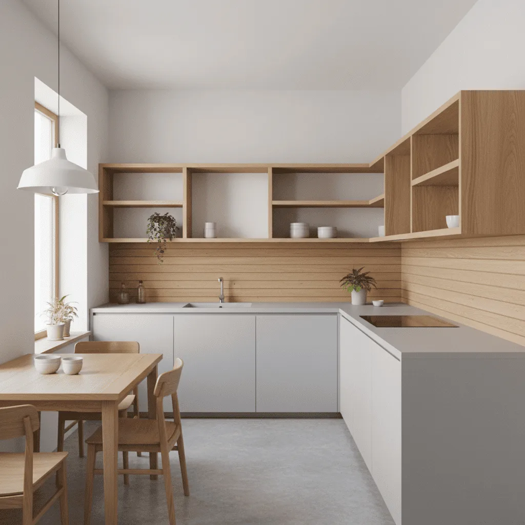 Modern minimalist kitchen with white lower cabinets, wooden open shelving, and a light wood dining table.