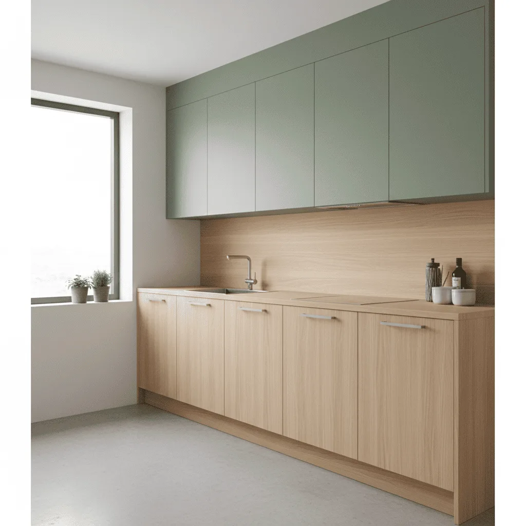 Modern kitchen with sage green upper cabinets and light wood lower cabinets and backsplash.