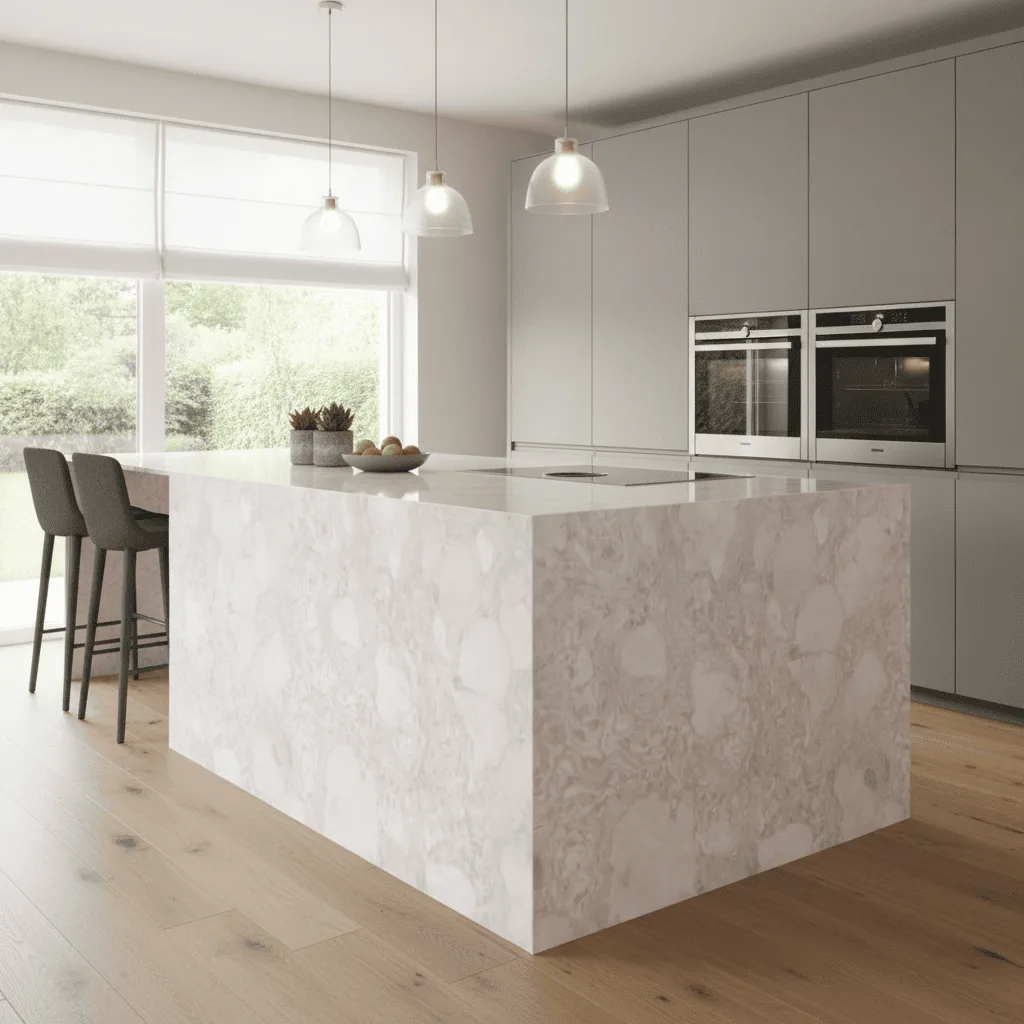 Modern kitchen with a white marble island, grey cabinets, and three pendant lights.