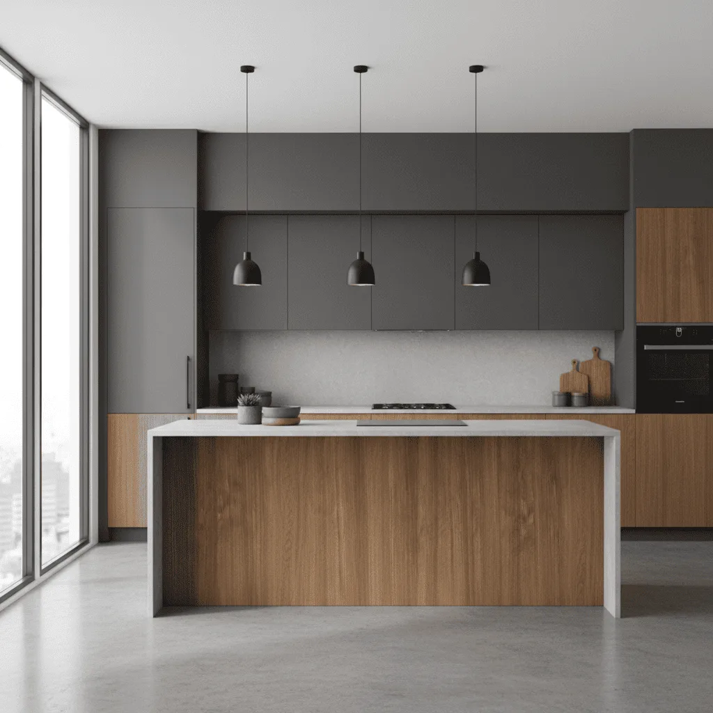 Modern kitchen with grey upper cabinets, wood-grain lower cabinets and island, and three black pendant lights.