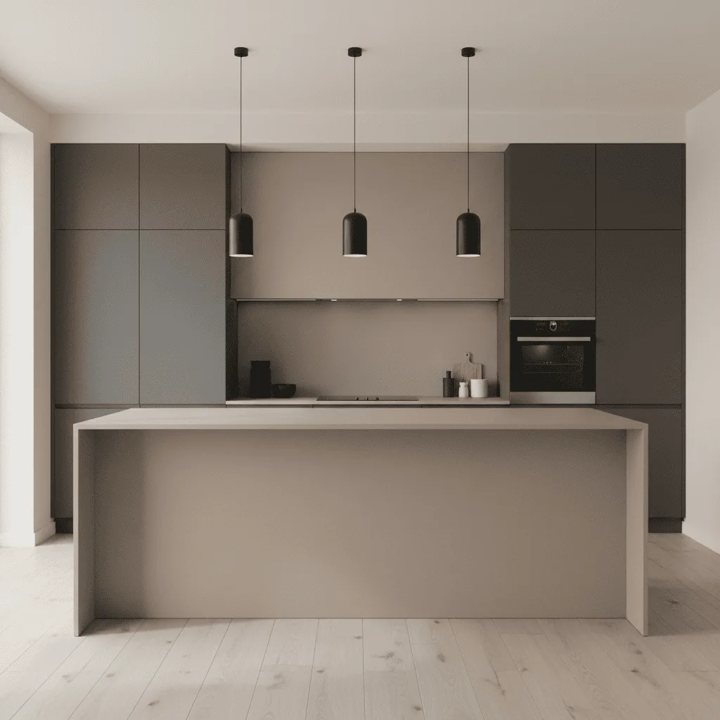 Modern minimalist kitchen with a beige island, gray cabinets, and three black pendant lights.