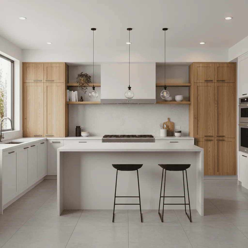 Modern kitchen with white countertops, light wood cabinets, and two black stools at a center island.