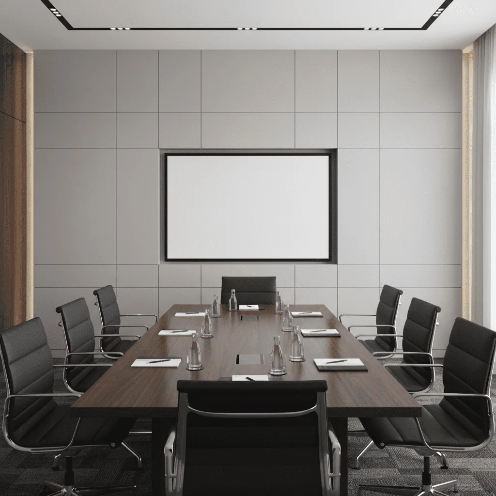 Modern conference room with a long wooden table, black leather chairs, and a blank projector screen.