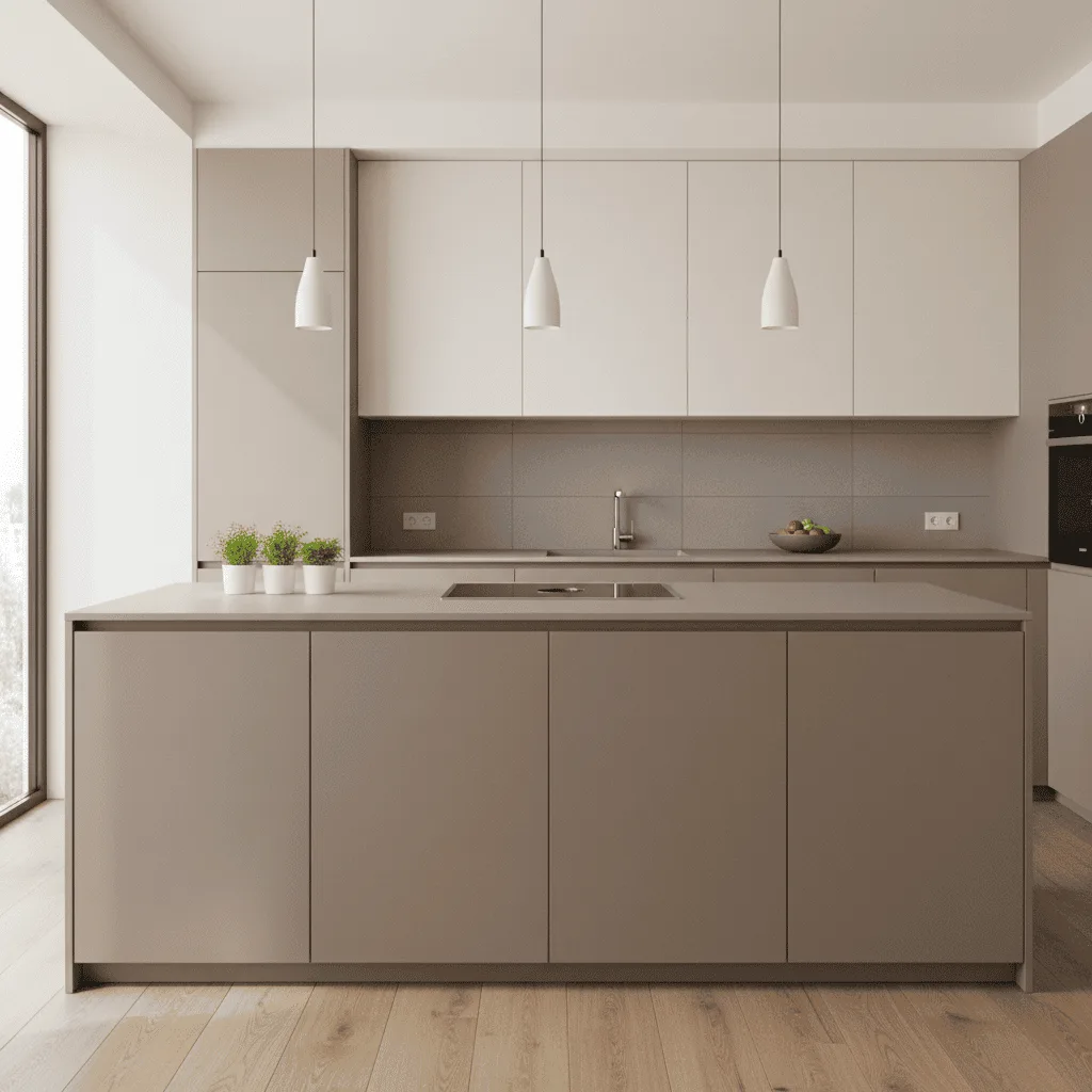 Modern kitchen with taupe island, white upper cabinets, and three white pendant lights.
