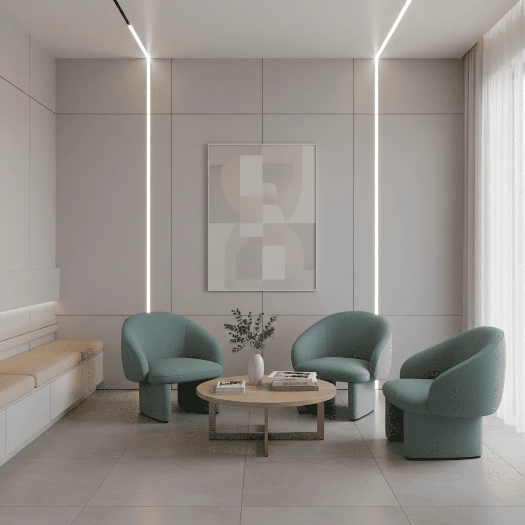 Three teal curved armchairs around a round wooden coffee table in a minimalist white room.