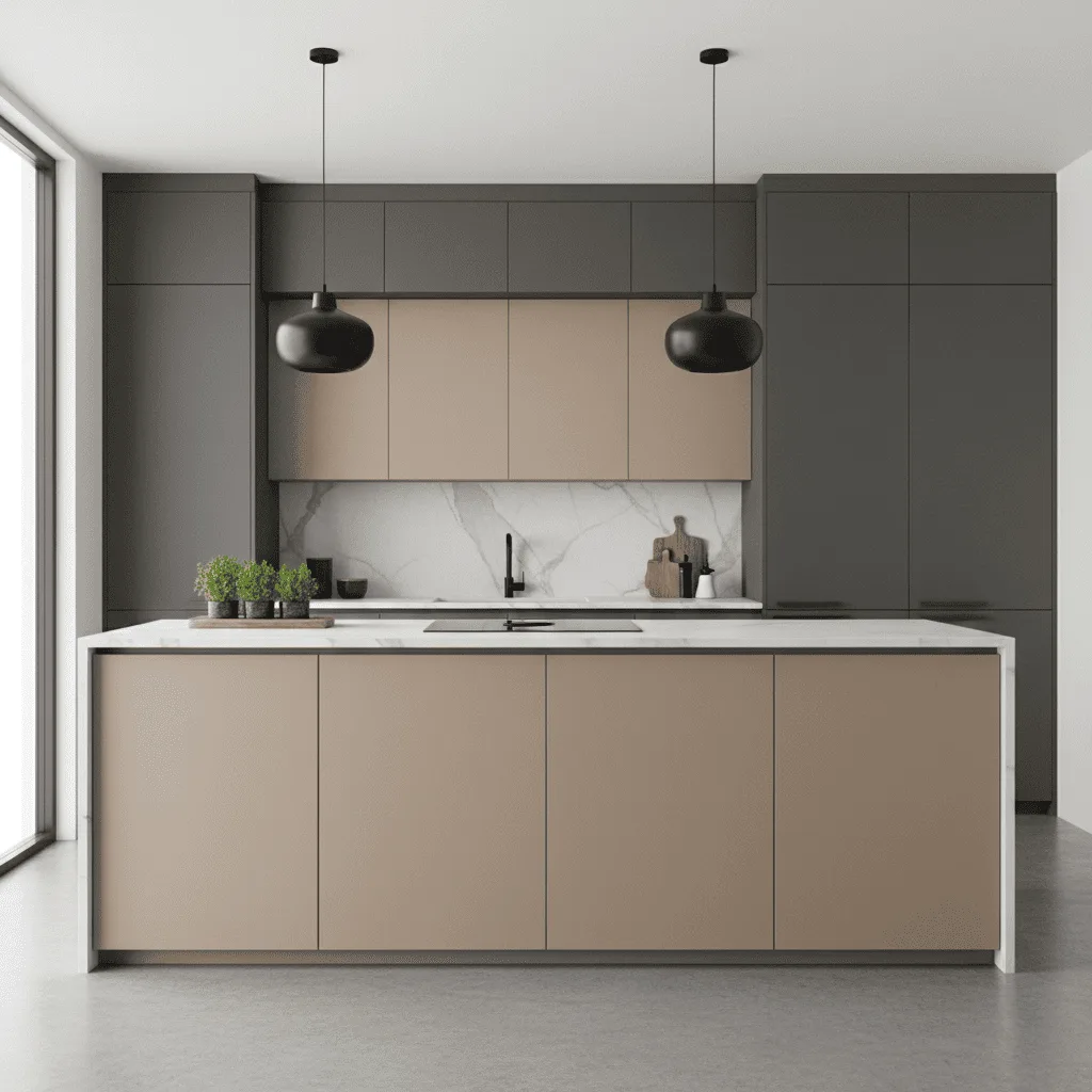 Modern kitchen with tan island and cabinets, dark grey wall cabinets, and two black pendant lights.