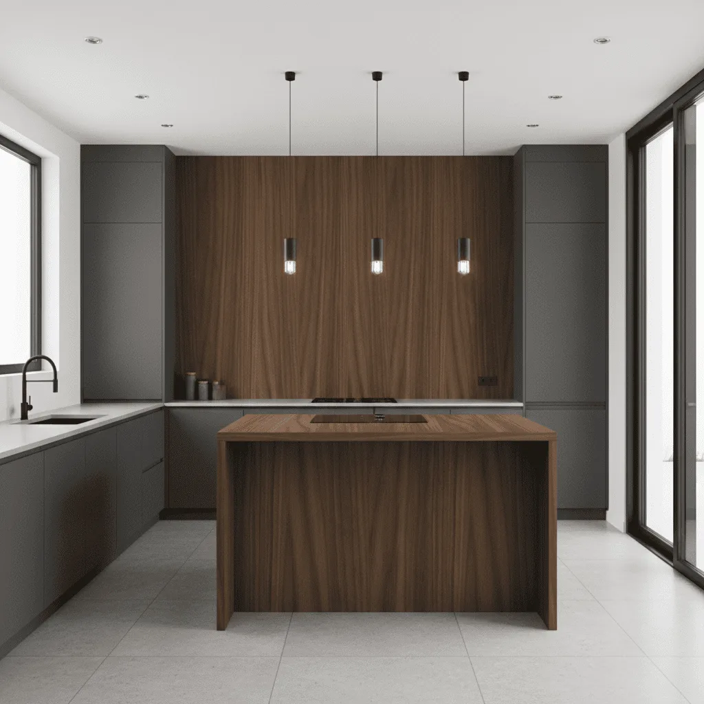 Modern kitchen with dark grey cabinets, a wood-paneled wall, and a matching wooden island.