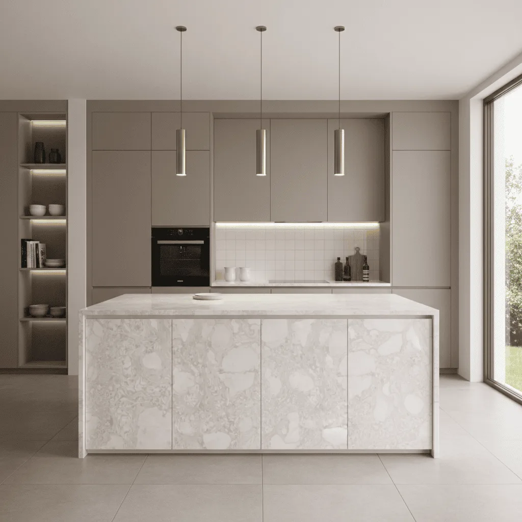 Modern minimalist kitchen with a white marble island, taupe cabinetry, and three cylindrical pendant lights.