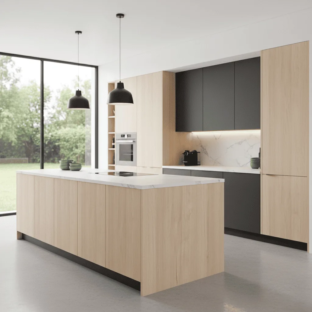 Modern kitchen with light wood cabinetry, dark gray upper cabinets, and a large marble-top island.