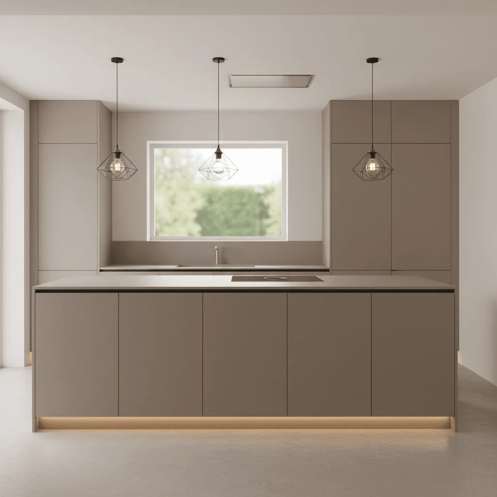 Modern kitchen with a taupe island, geometric pendant lights, and a window view of green trees.