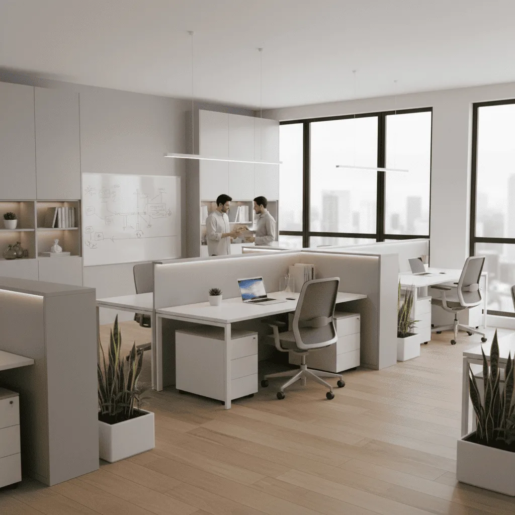 Two men converse in a bright, modern open-plan office with white desks, ergonomic chairs, and large windows.