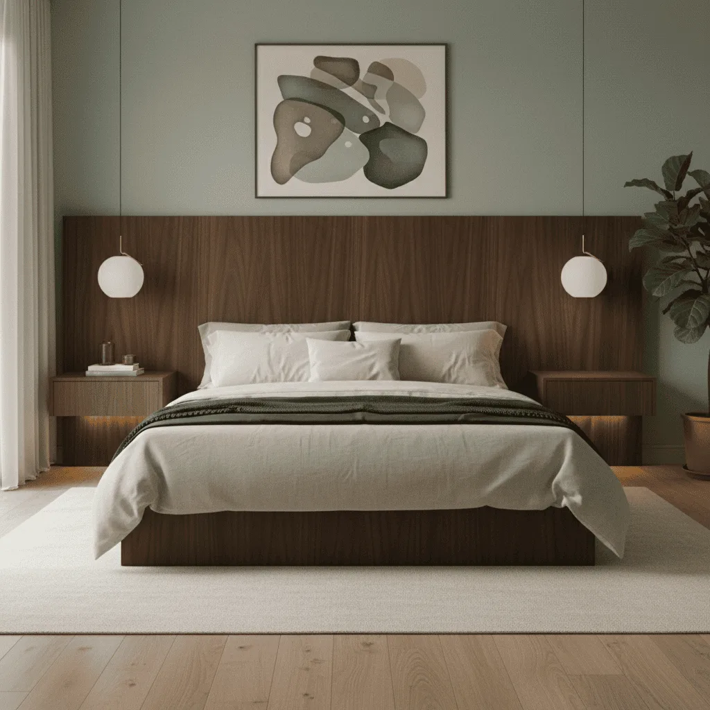 Modern bedroom with a large wood headboard, white bedding, and two hanging globe lights.