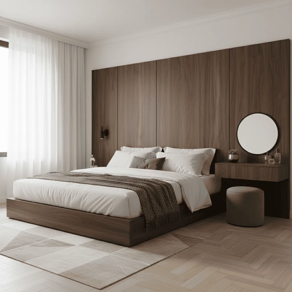 Modern bedroom with a walnut wood platform bed, wood paneled wall, and a small vanity desk.