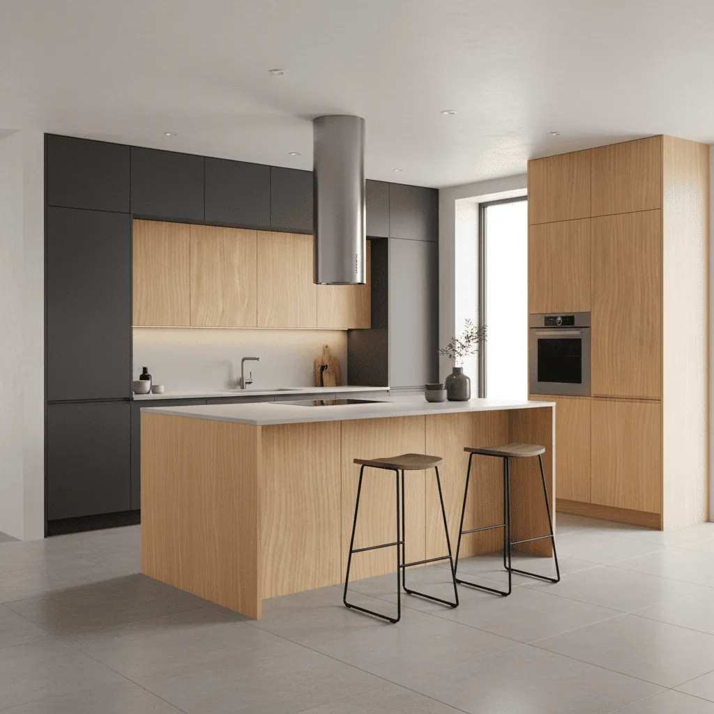 Modern kitchen with light wood cabinetry, dark grey accents, and a large central island with two black stools.