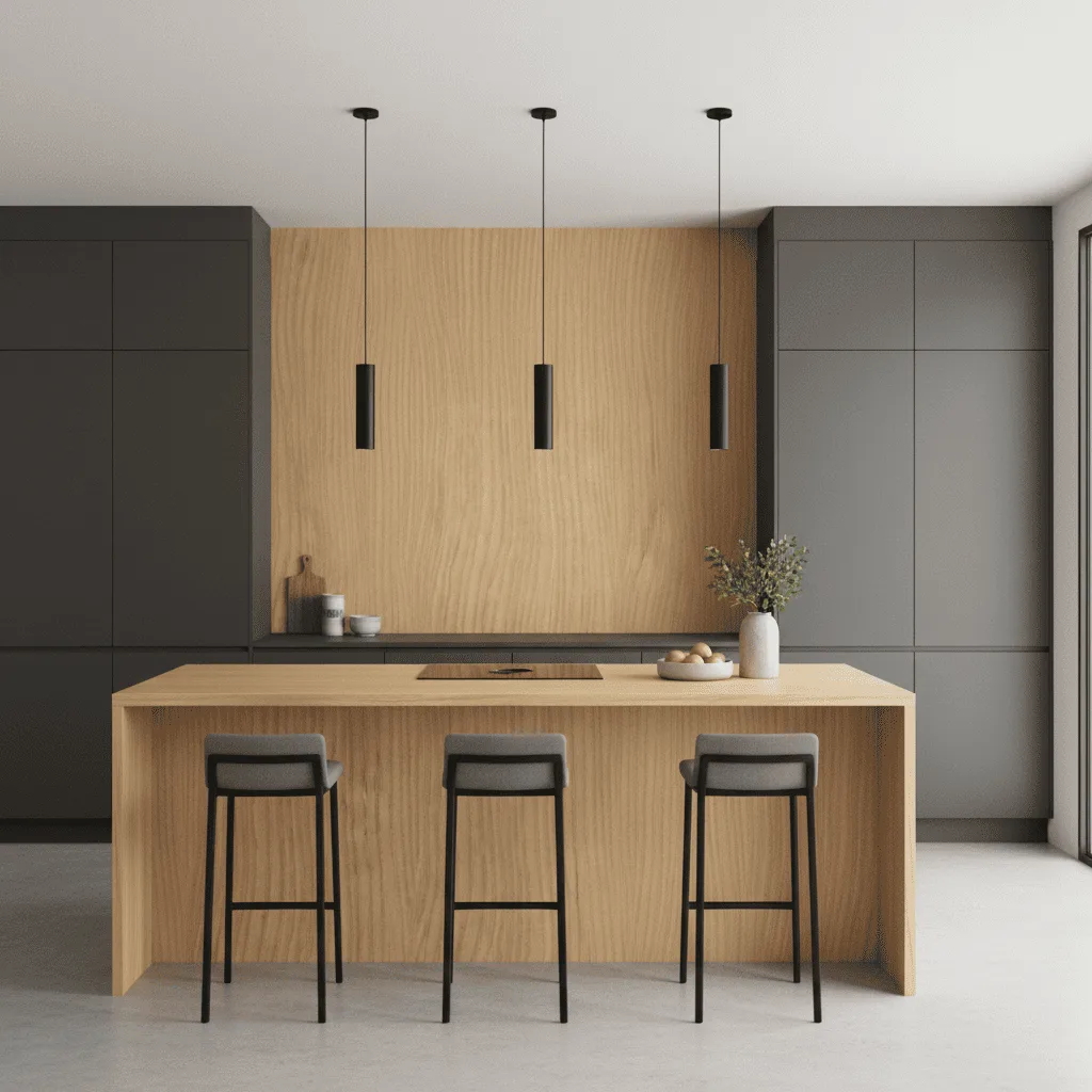 Modern kitchen with a light wood island, three grey bar stools, and grey cabinetry.