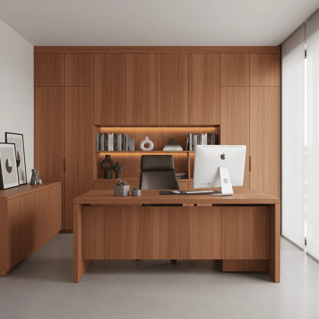 Modern wooden desk and matching wall-to-wall cabinetry with a computer monitor, chair, and books.
