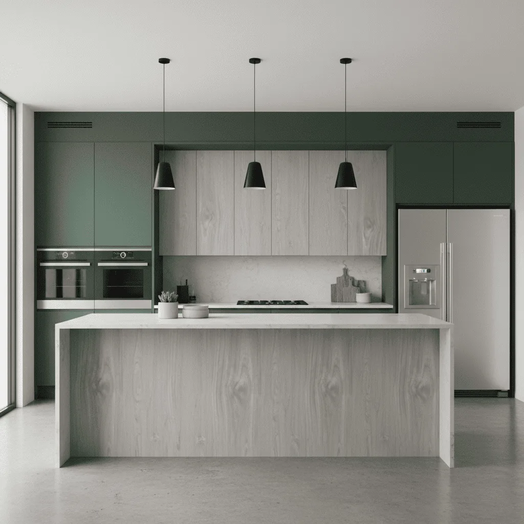 Modern kitchen with a light wood island, dark green cabinetry, and three black pendant lights.
