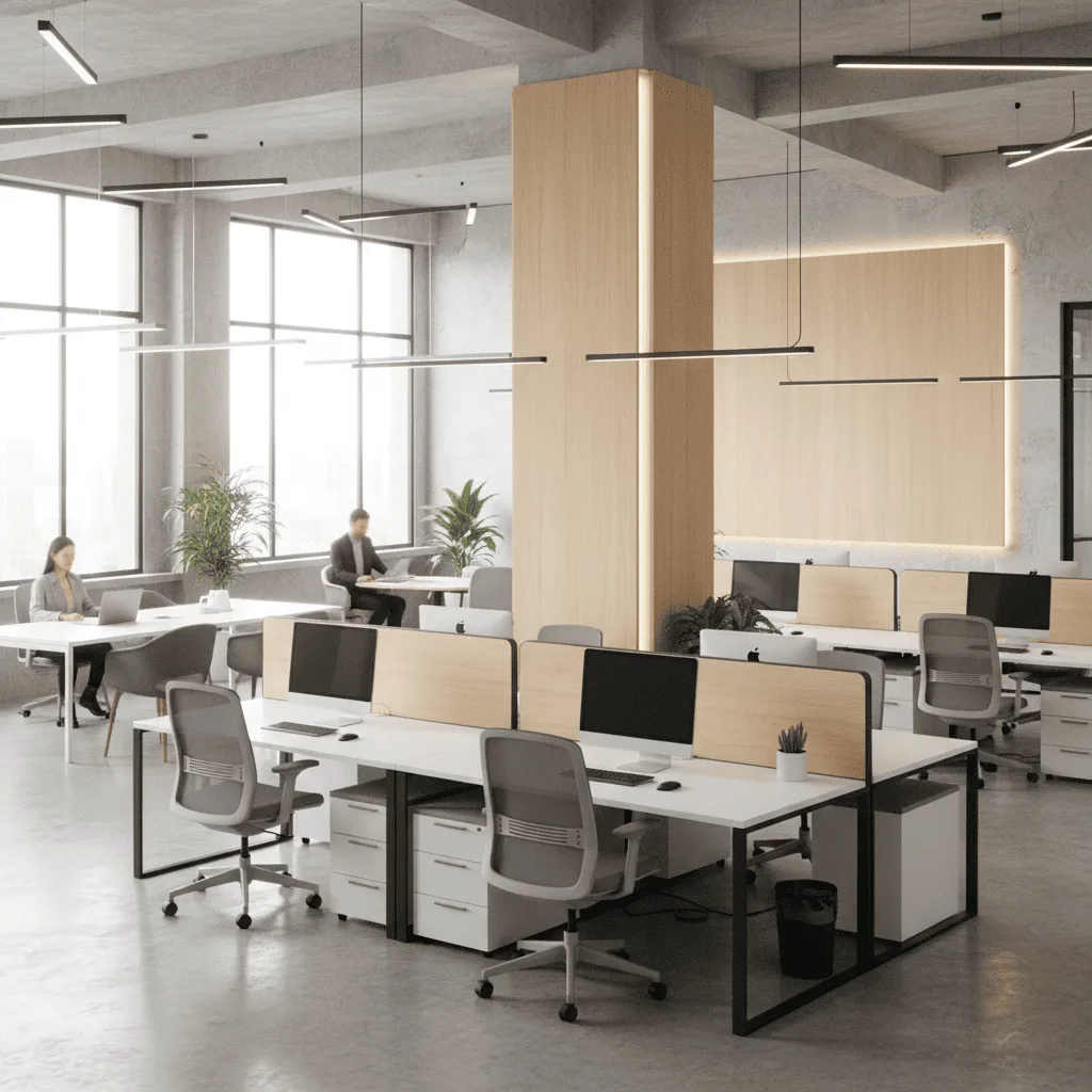 Modern open-plan office with white desks, grey ergonomic chairs, computers, and light wood partitions.