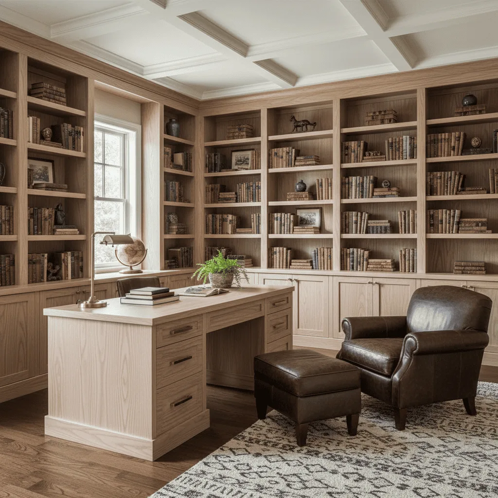 Light wood home office with built-in bookshelves, a desk, and a leather armchair with ottoman.