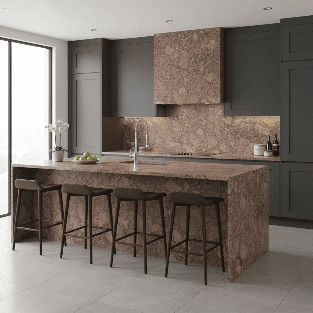 Modern kitchen with a brown marble island, four dark wood stools, and charcoal grey cabinetry.