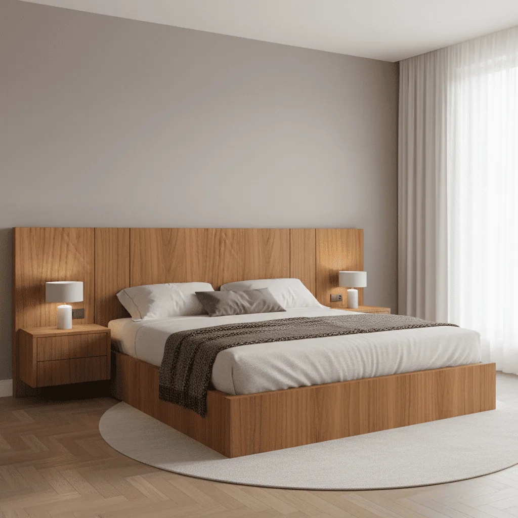 Modern wooden bed frame with white linens and a brown throw, flanked by matching nightstands and lamps.