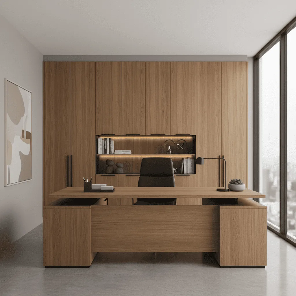 Modern wooden home office with a large desk, black ergonomic chair, and built-in wall cabinets.