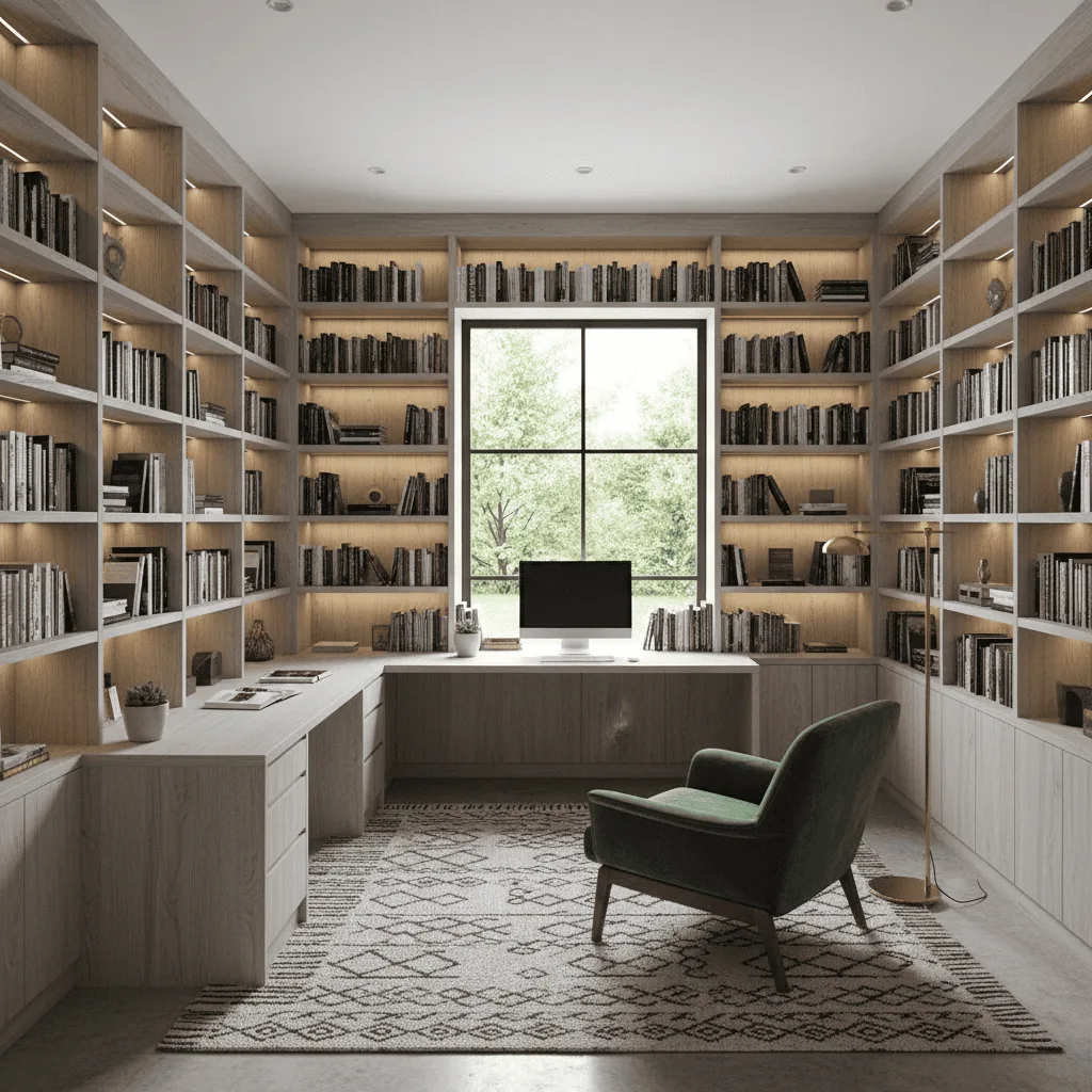 Modern home office with light wood floor-to-ceiling bookshelves, a computer desk, and a dark gray armchair.