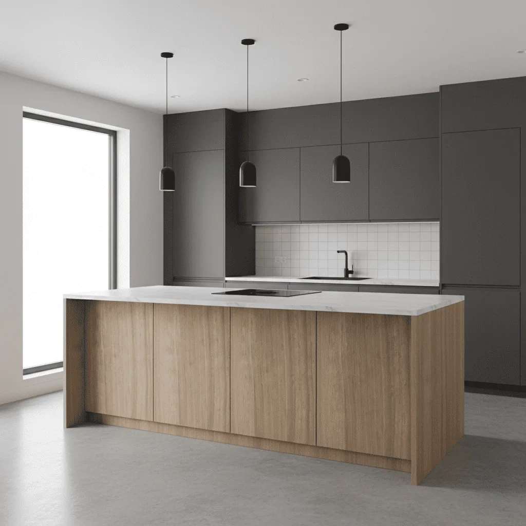 Modern kitchen with a wood-paneled island, dark gray cabinetry, and three black pendant lights.