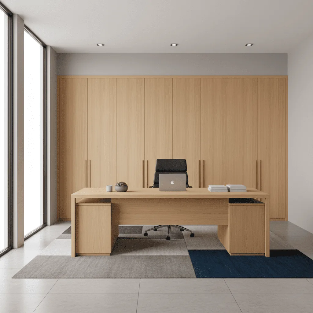 Modern light wood office desk with a laptop, black chair, and floor-to-ceiling wood cabinetry.