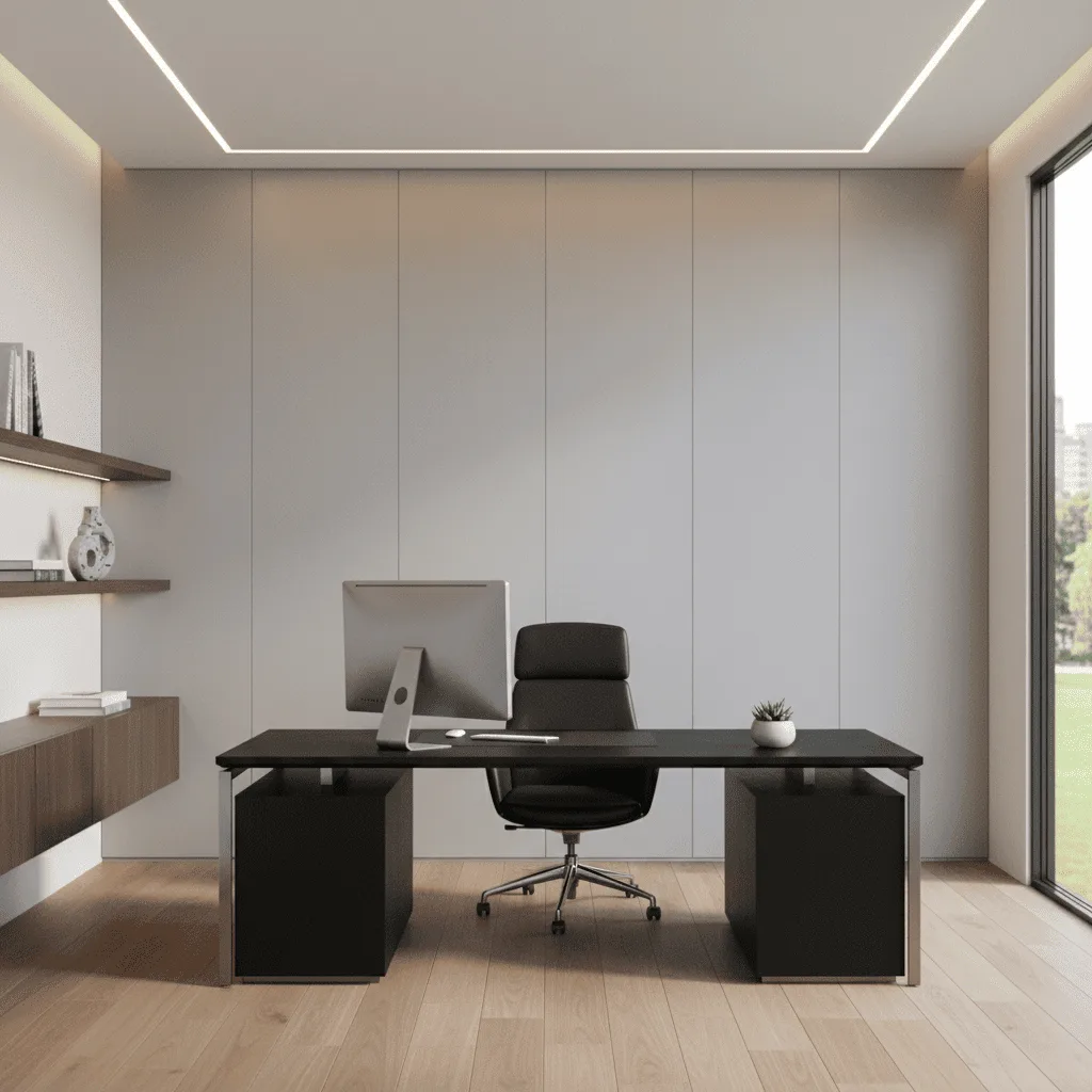 Modern home office with a dark wood desk, black ergonomic chair, and a computer monitor.