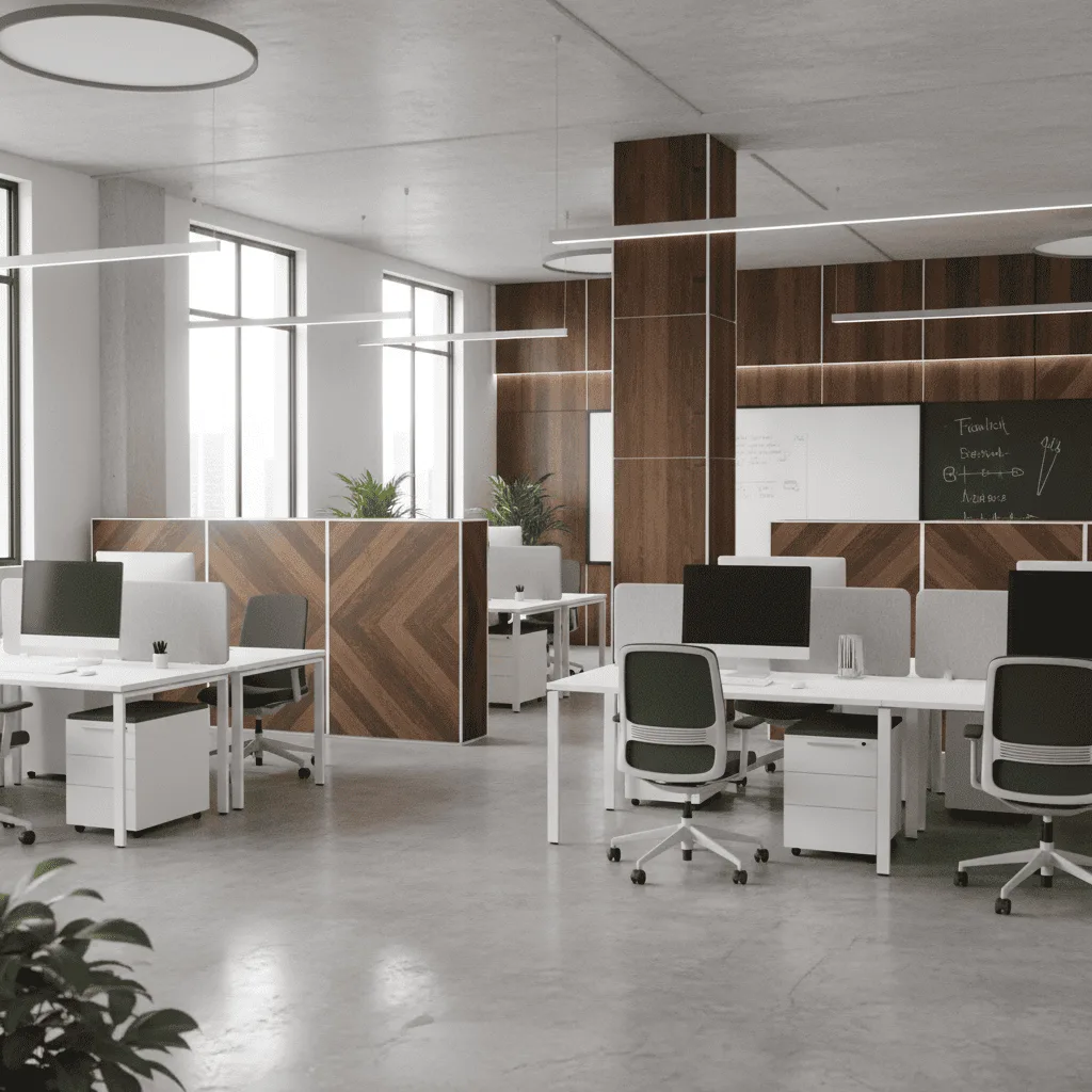 Modern open-plan office with white desks, black ergonomic chairs, and wood-paneled accent walls.