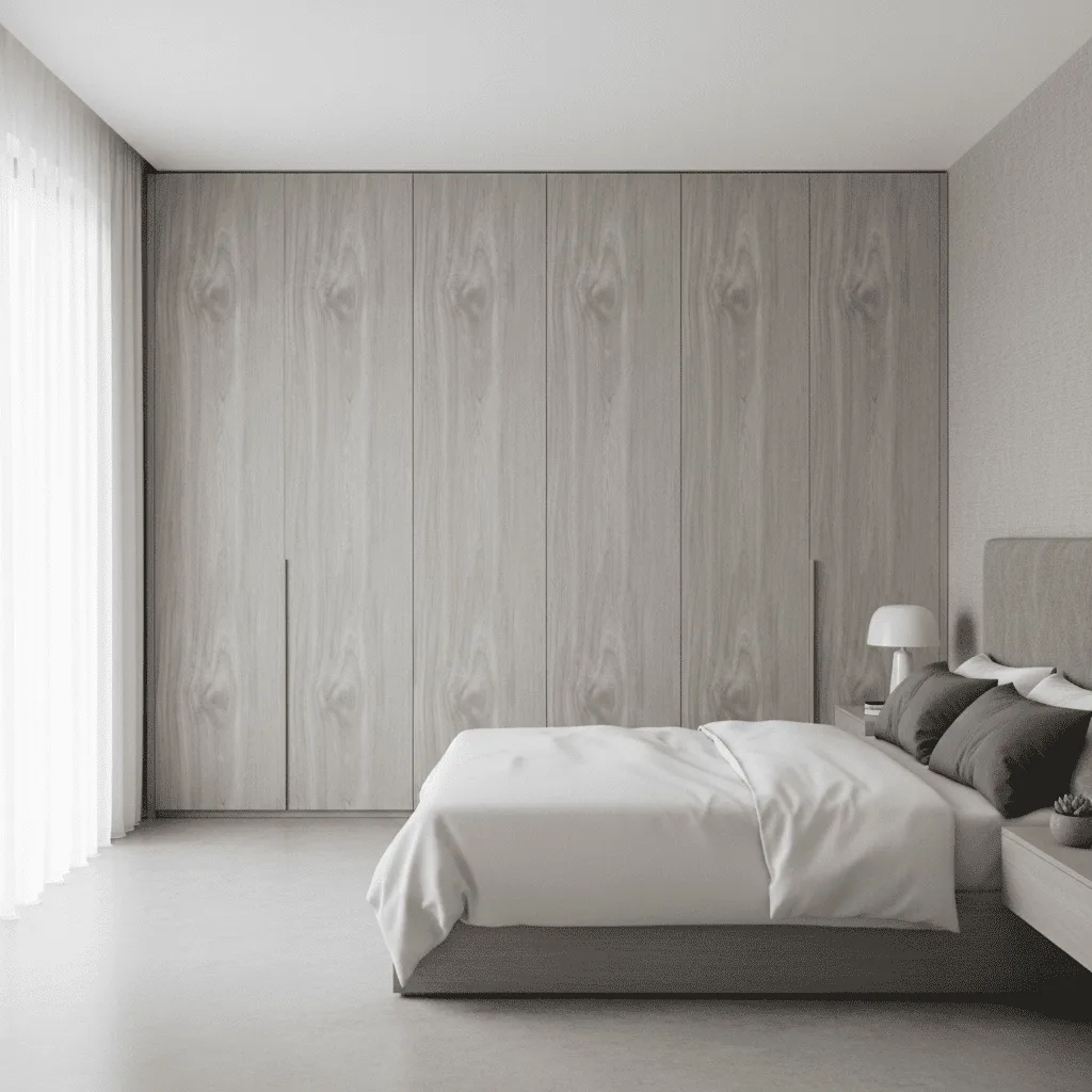 A modern bedroom featuring a large light wood grain wardrobe and a bed with white linens.