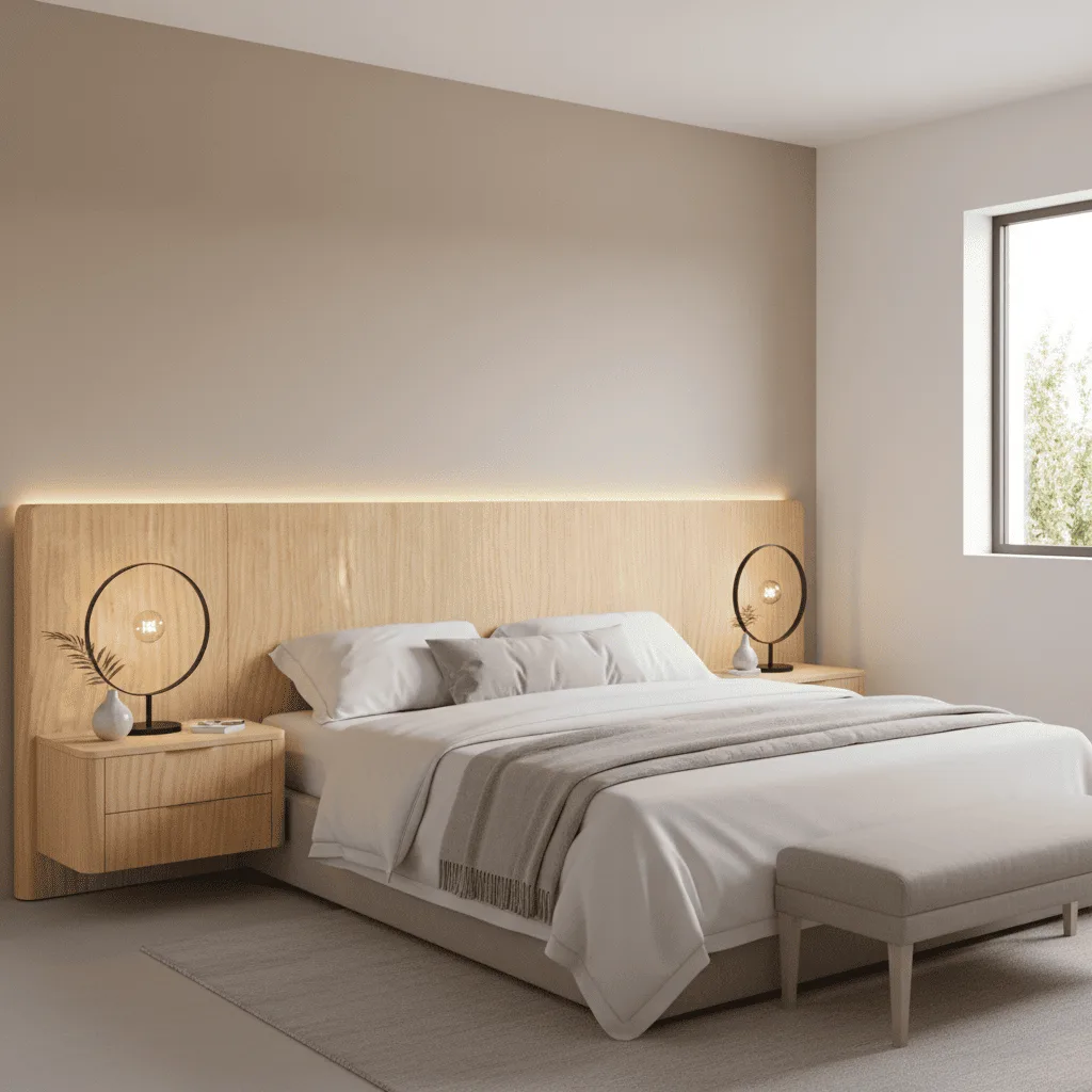 Modern bedroom with a large light wood headboard, white bedding, and circular bedside lamps.