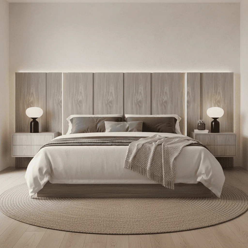 Modern bedroom with a white bed, light wood paneled headboard, and matching bedside tables.